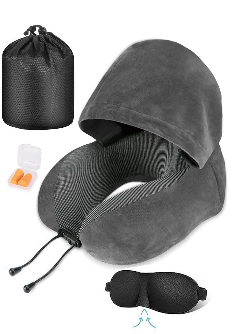 هيروكس وسادة سفر، وسادة رقبة للسفر مع غطاء للرأس مناسب للطائرات، وسادة رقبة مصنوعة من رغوة الذاكرة بنسبة 100% لدعم الرأس والرقبة، مريحة للاستخدام في الطائرات والمكاتب والحافلات والقطارات والسيارات للنوم والاسترخاء (رمادي). - Image 1